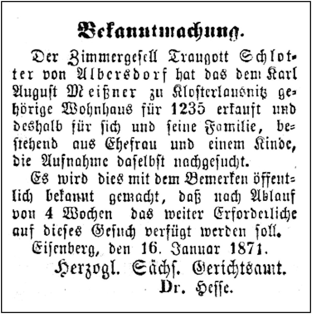 1871-01-16 Kl Haus Meissner Kauf Schlotter